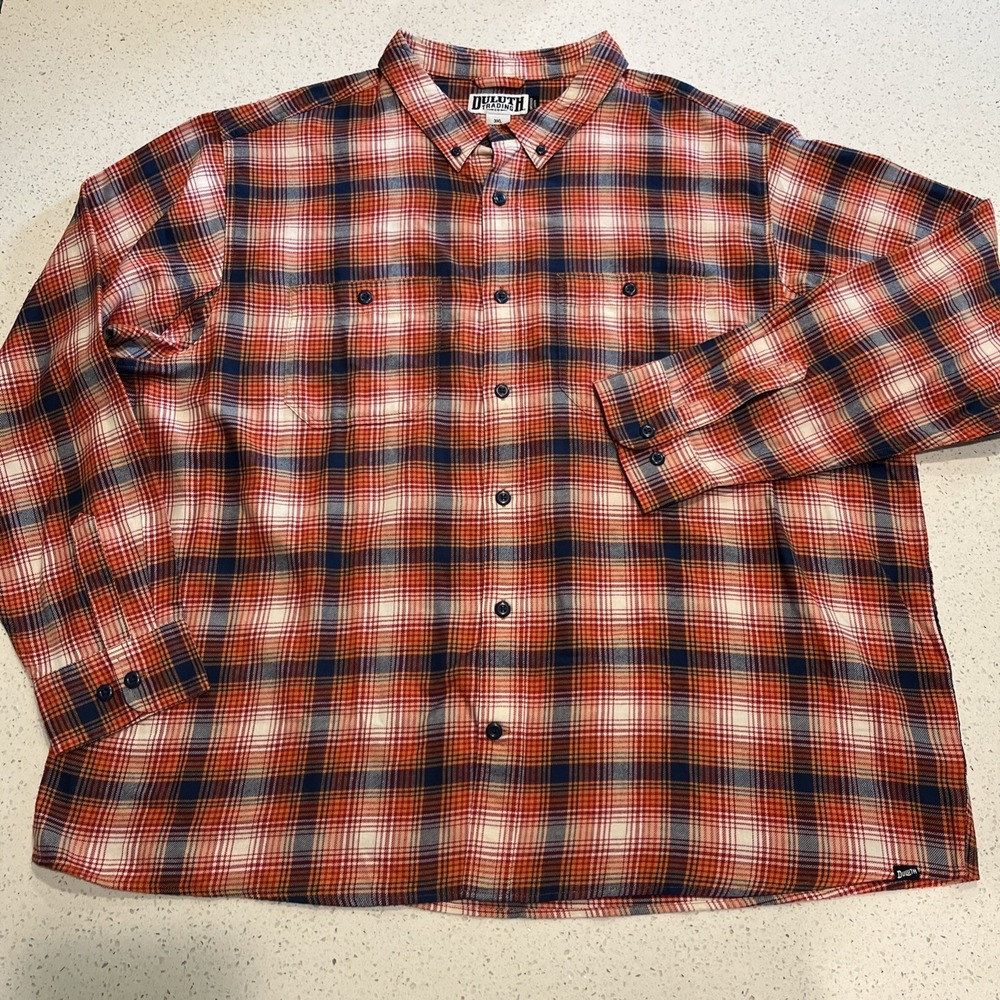 Duluth Untucked Shirt Button Down Mens 3XL Orange Plaid Cotton Blend Relaxed Fit